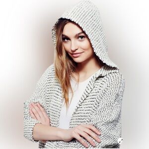 Free People White Love Me Tender Knitted Fringed Hem Hooded Open Cardigan Medium